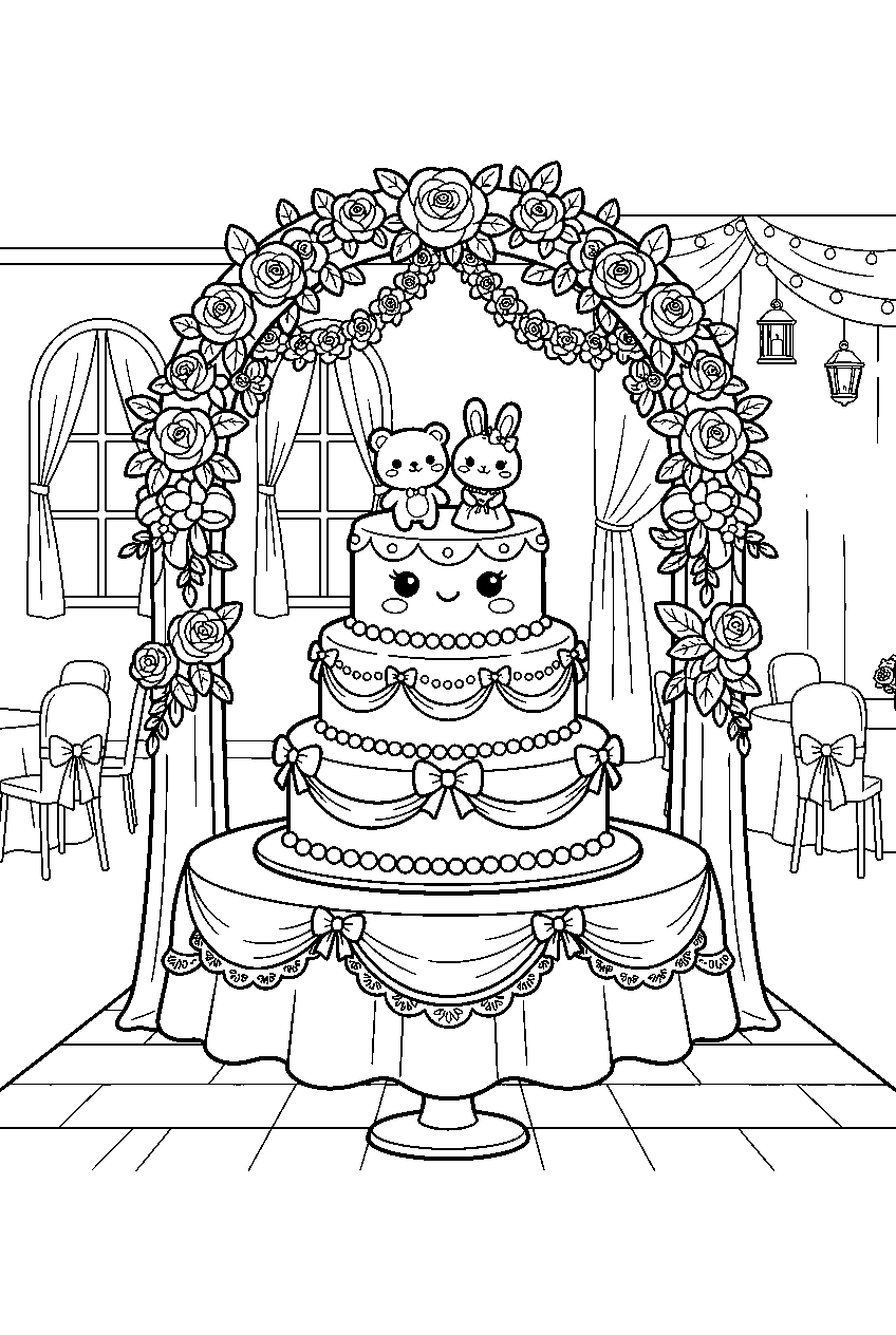 kawaii wedding cake smiling beneath roses in reception hall line art