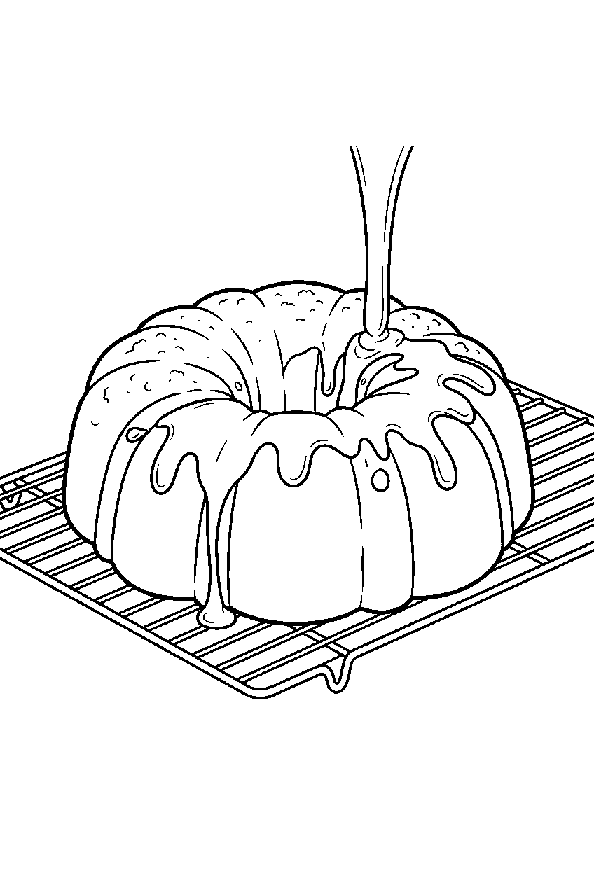 lemon cake receiving glaze on bakery cooling rack line art