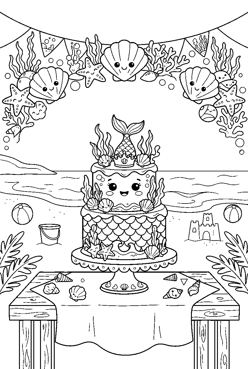 mermaid cake smiling beneath seashells at beach party line art