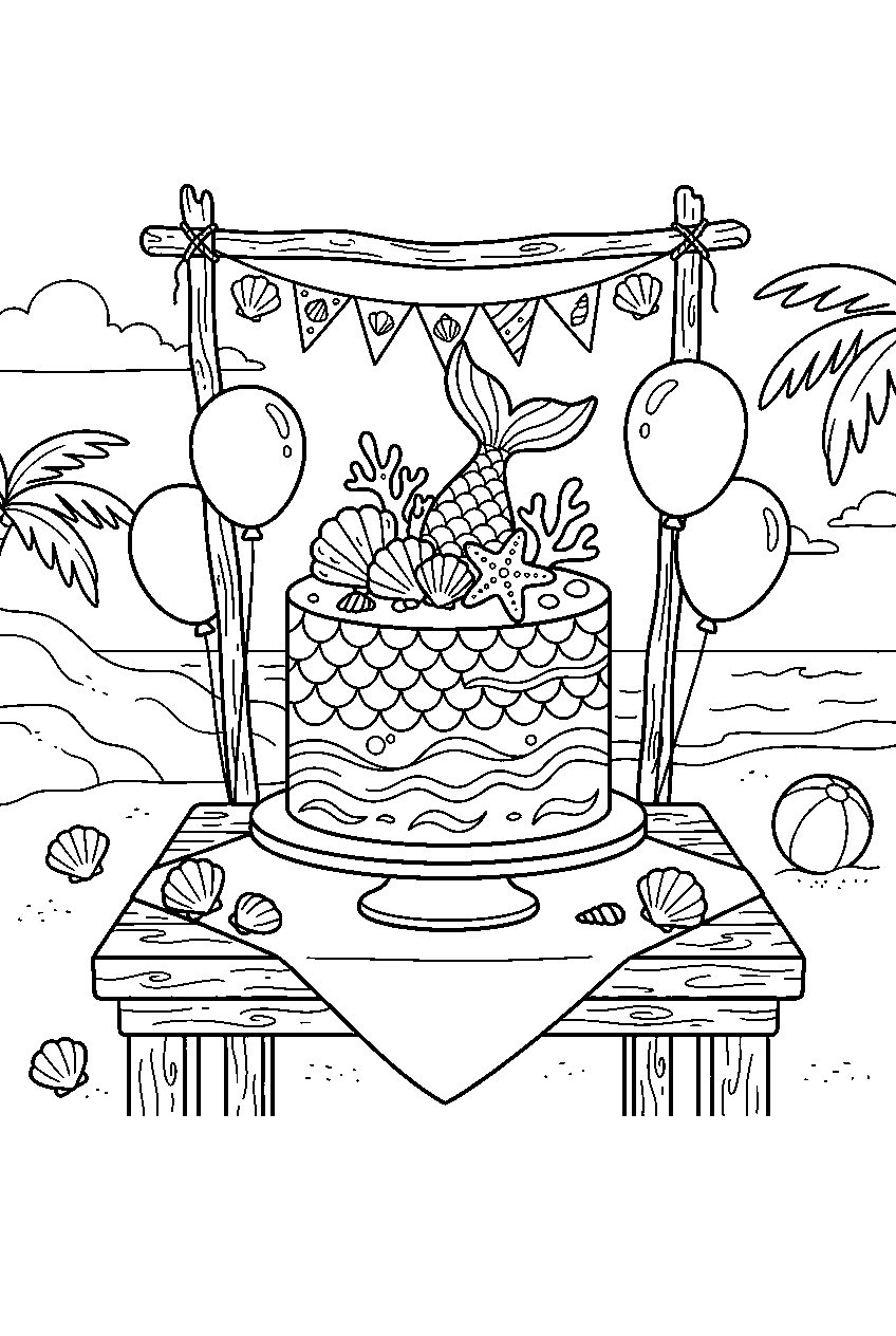 mermaid cake topped with seashells at beach party line art
