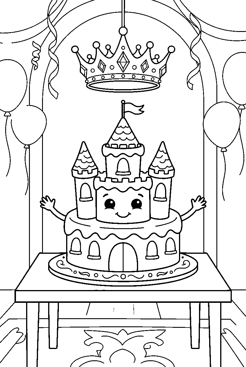 princess cake waving beneath crown at royal party line art