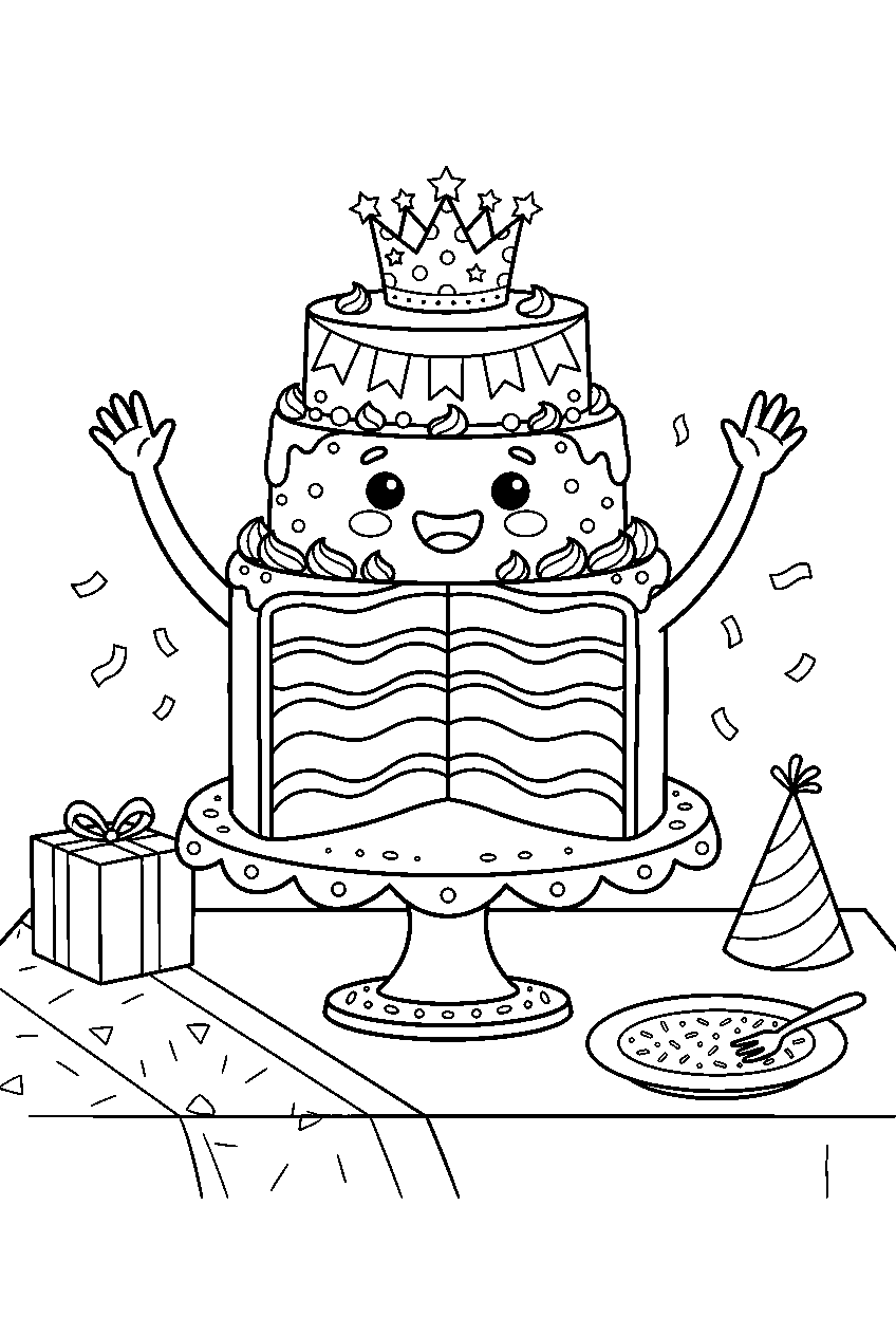 rainbow cake cheering while revealing colorful layers at birthday table line art