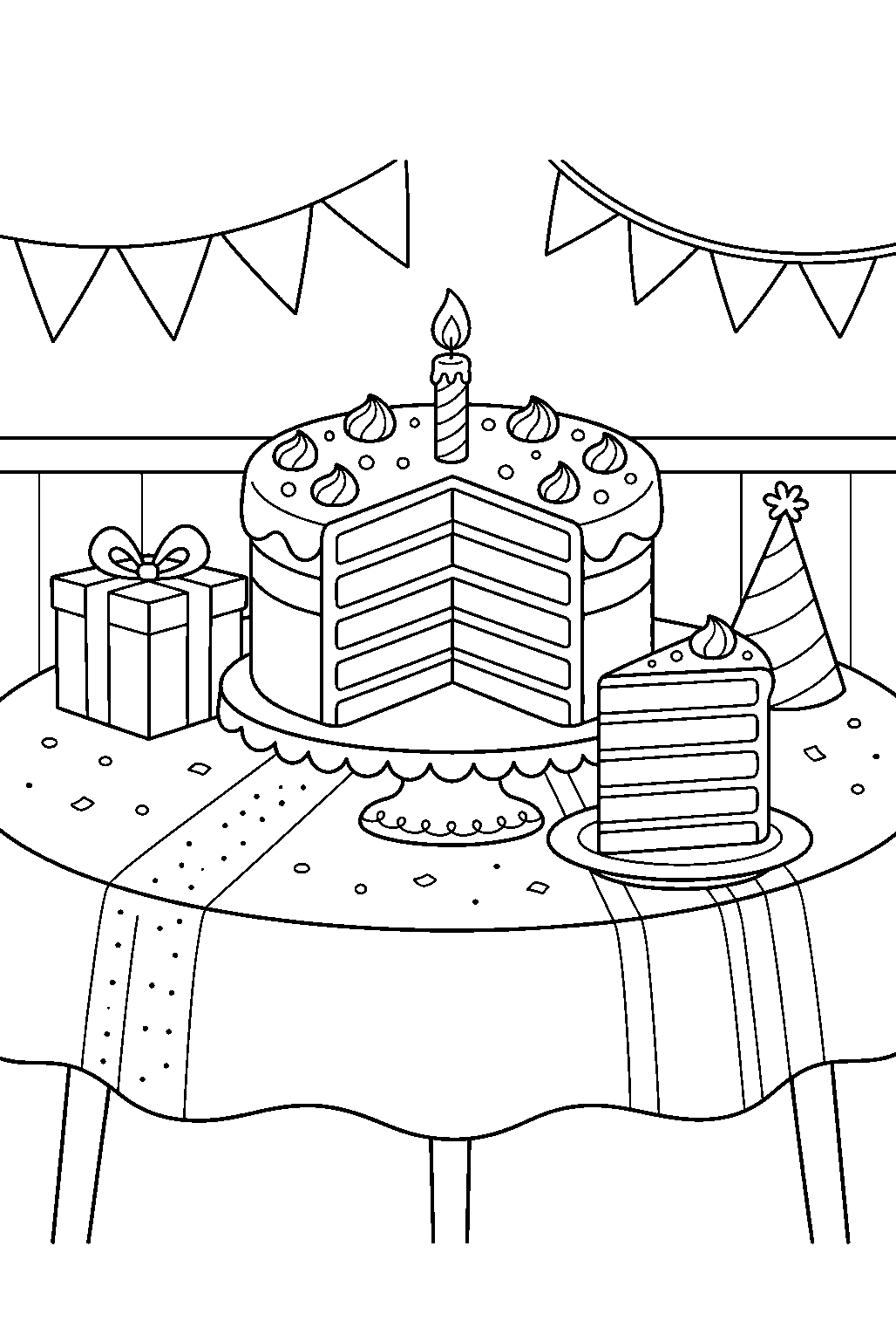 rainbow cake revealing colorful layers at birthday table line art