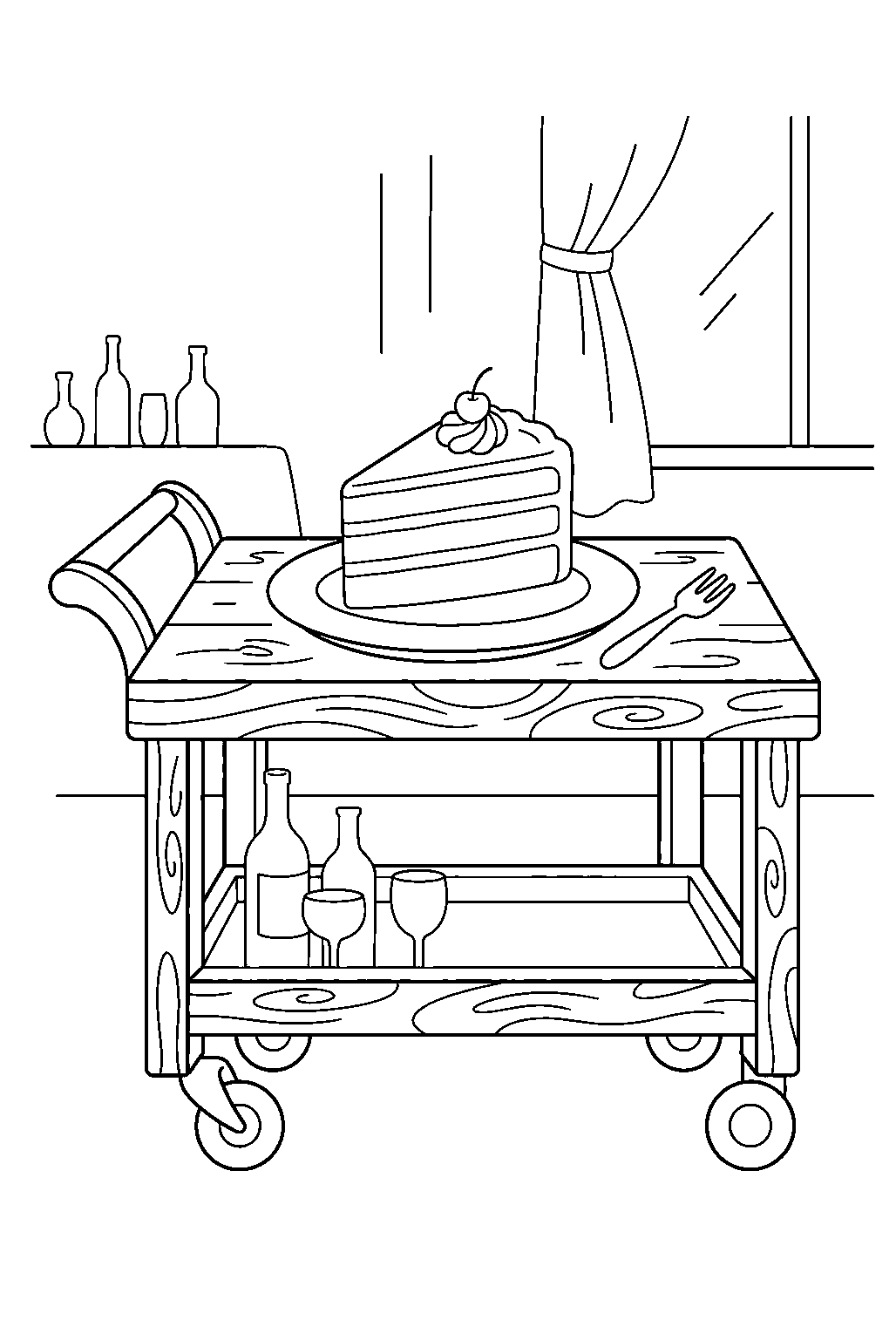red velvet cake sliced on restaurant dessert cart line art