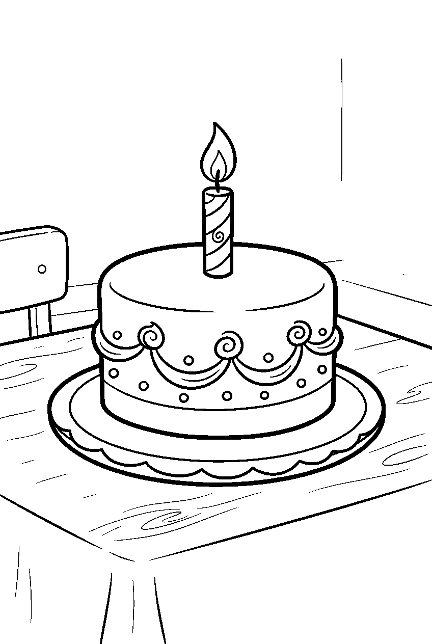 simple cake topped with one candle at preschool table line art