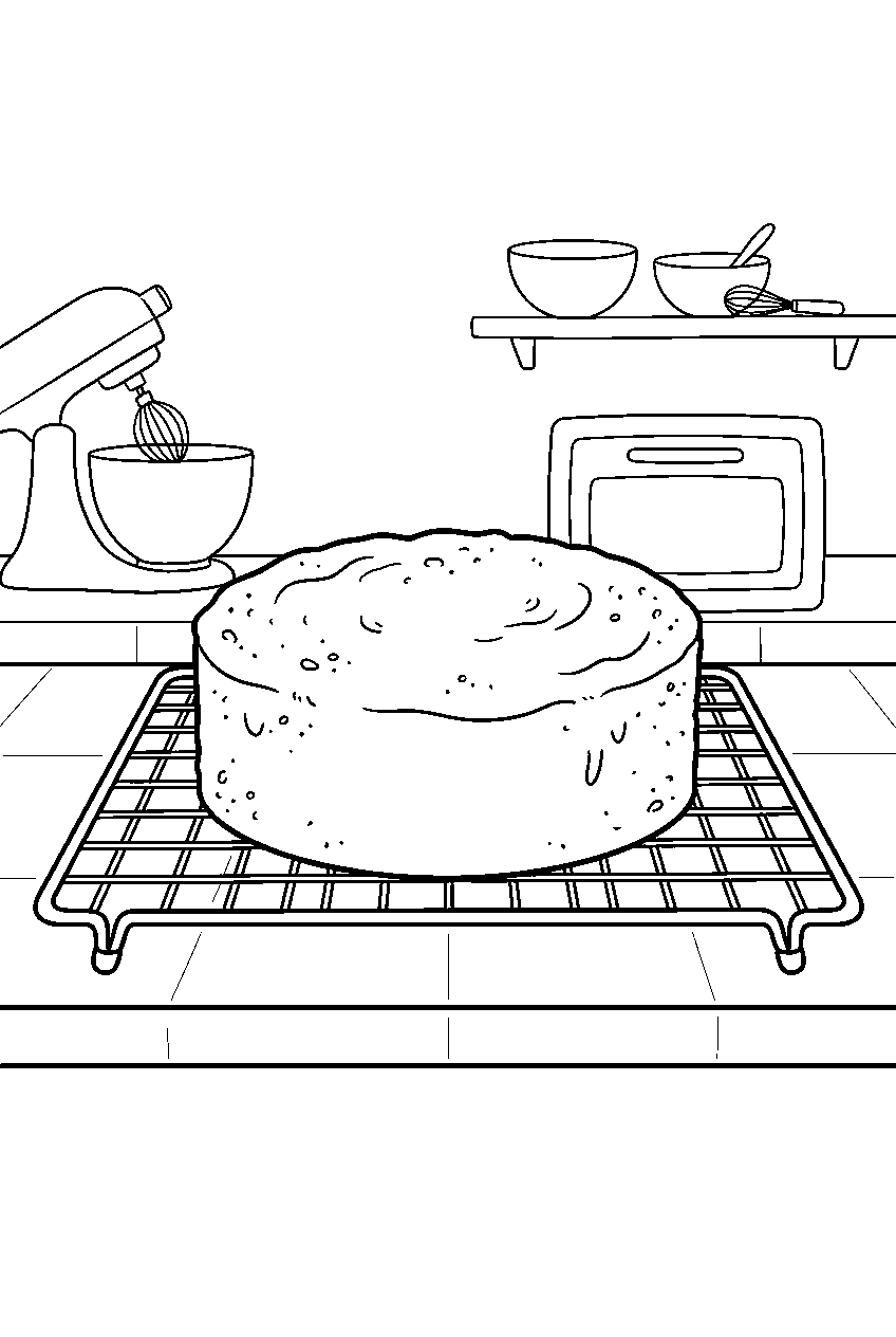 sponge cake cooling on rack in pastry kitchen line art