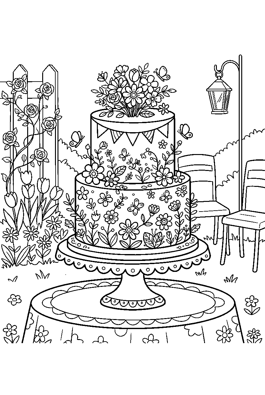 spring flower cake displayed at garden party line art