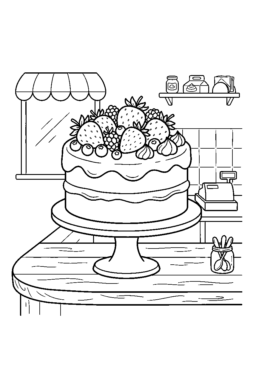 strawberry cake topped with berries at bakery counter line art