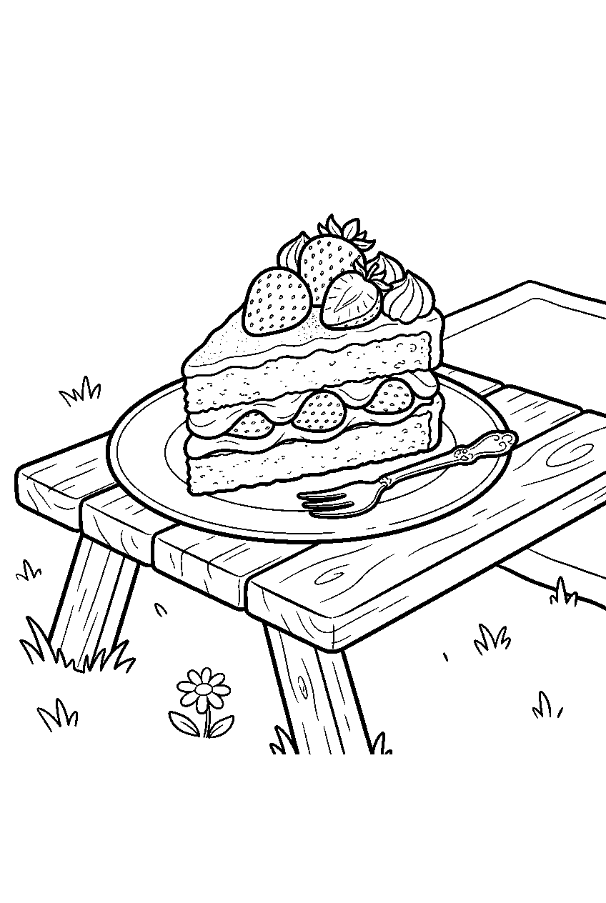 strawberry shortcake filled with cream at picnic table line art