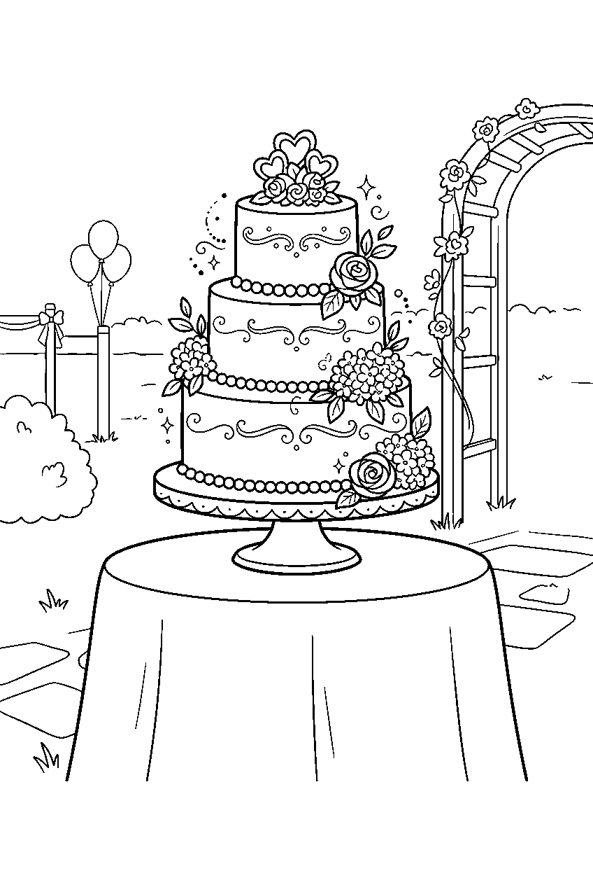 three tier wedding cake sparkling proudly at garden reception line art