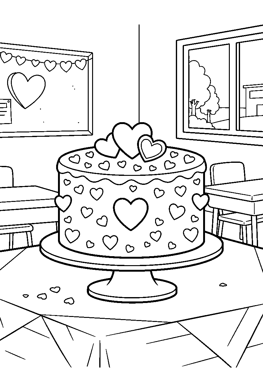valentine cake covered with hearts at classroom celebration line art