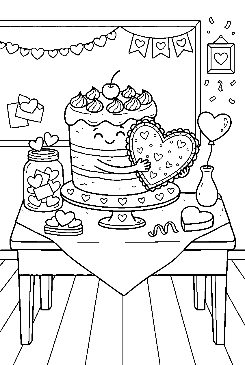valentine cake hugging heart decoration at classroom celebration line art