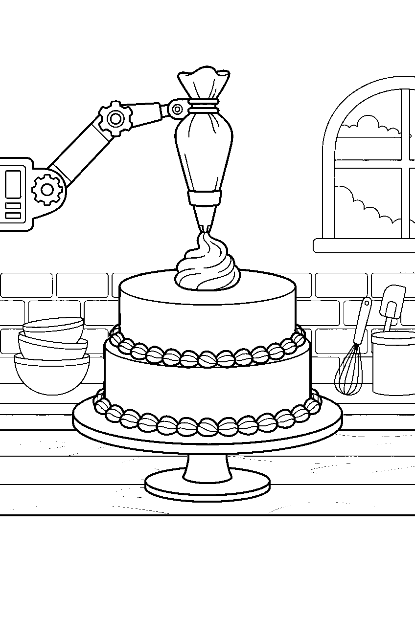 vanilla cake receiving frosting in pastry kitchen line art