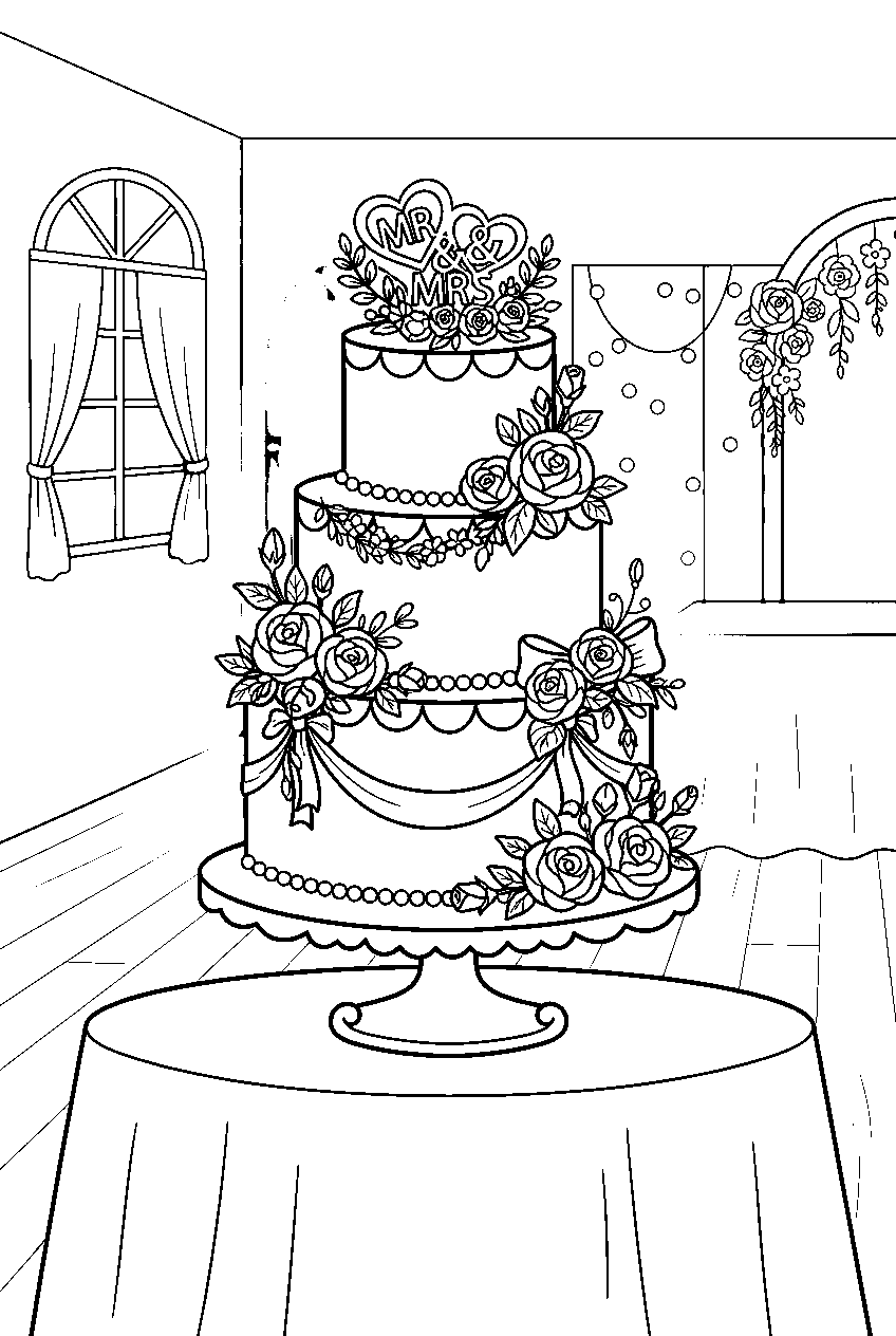 wedding cake decorated with roses in reception hall line art