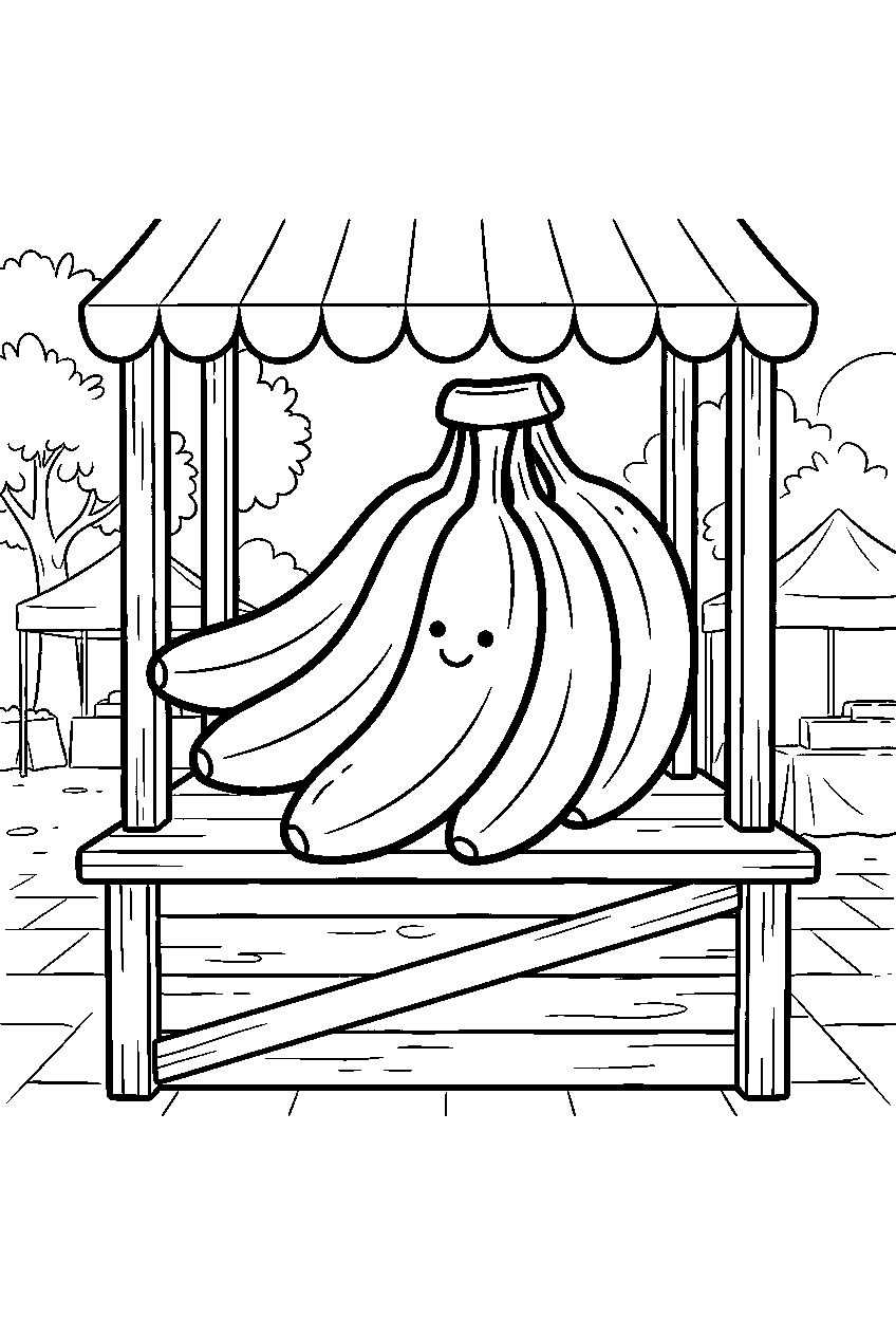 banana bunch with smiling banana at outdoor market stall line art