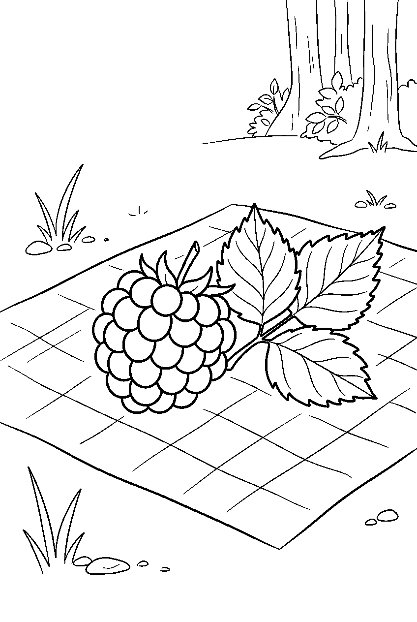 blackberry resting beside one leaf at woodland picnic line art