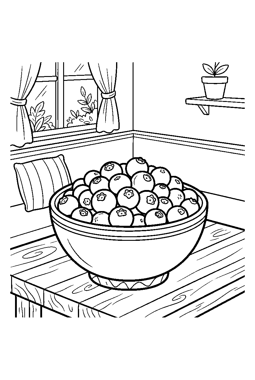 blueberries filling bowl in breakfast nook line art