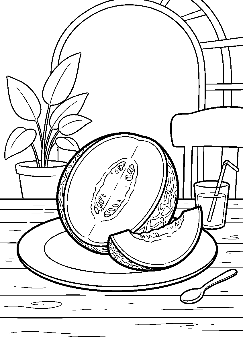 cantaloupe sliced on summer patio table line art