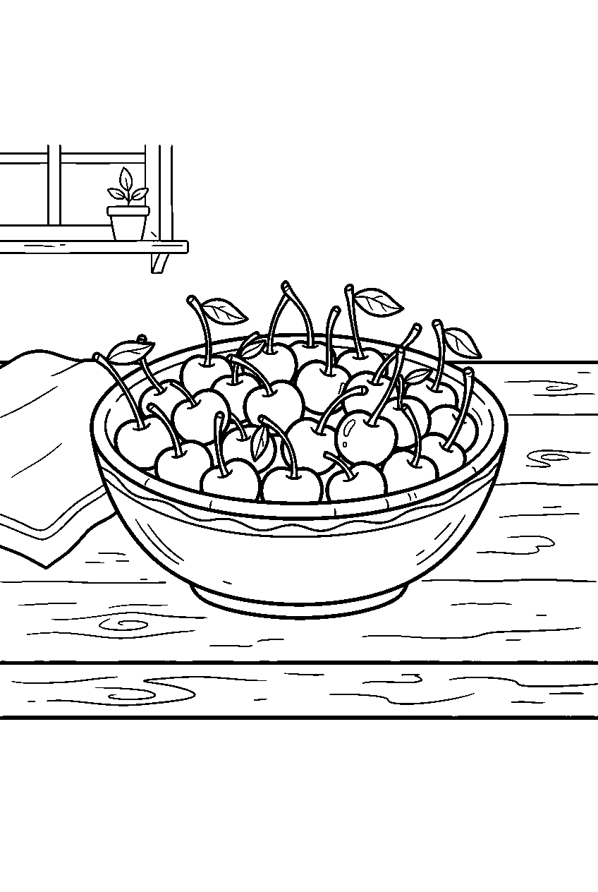 cherry bowl resting on simple bakery table line art