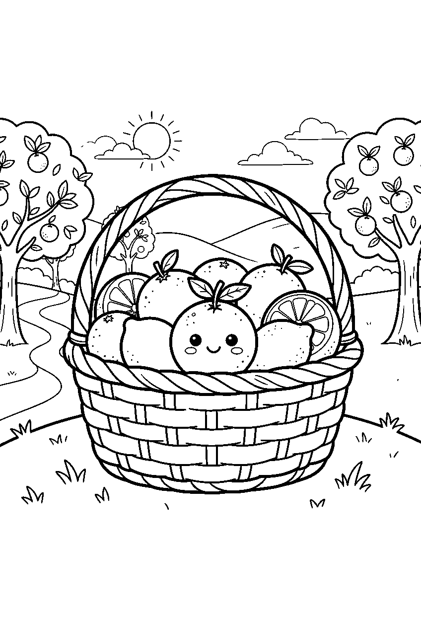 citrus fruit basket with one smiling orange in sunny orchard line art