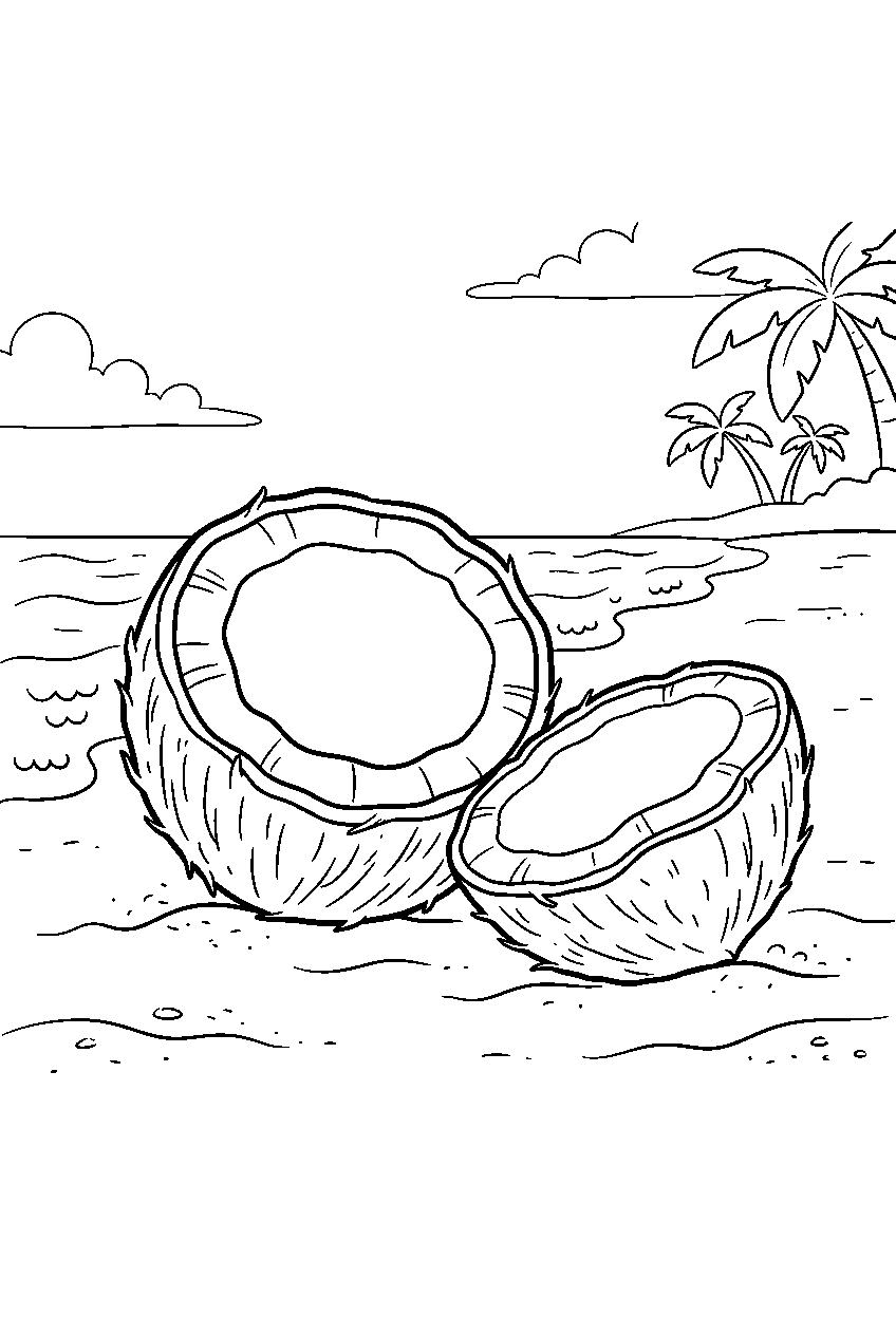 coconut split open on tropical beach line art
