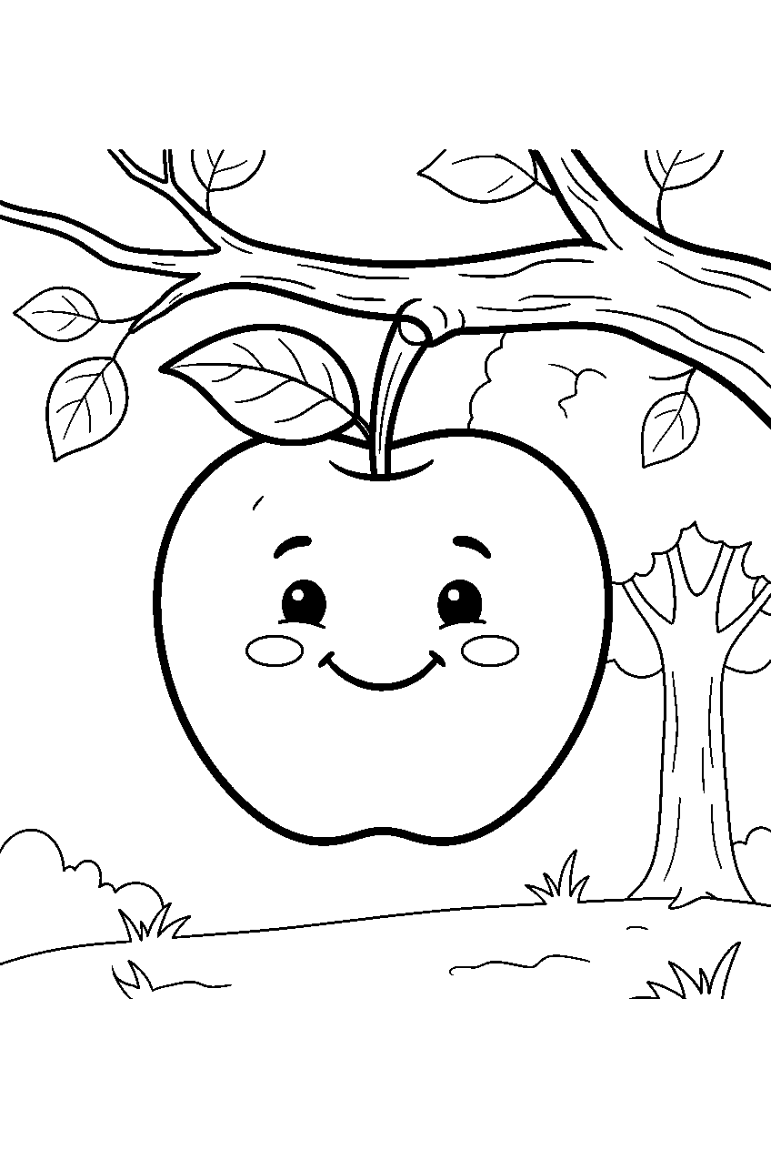 cute apple smiling while hanging from branch in autumn orchard line art