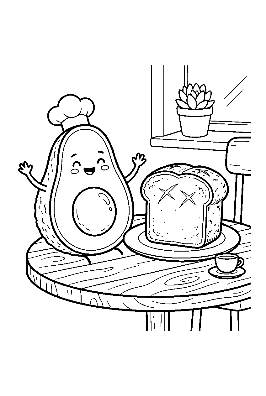 cute avocado half smiling beside toast at cafe table line art