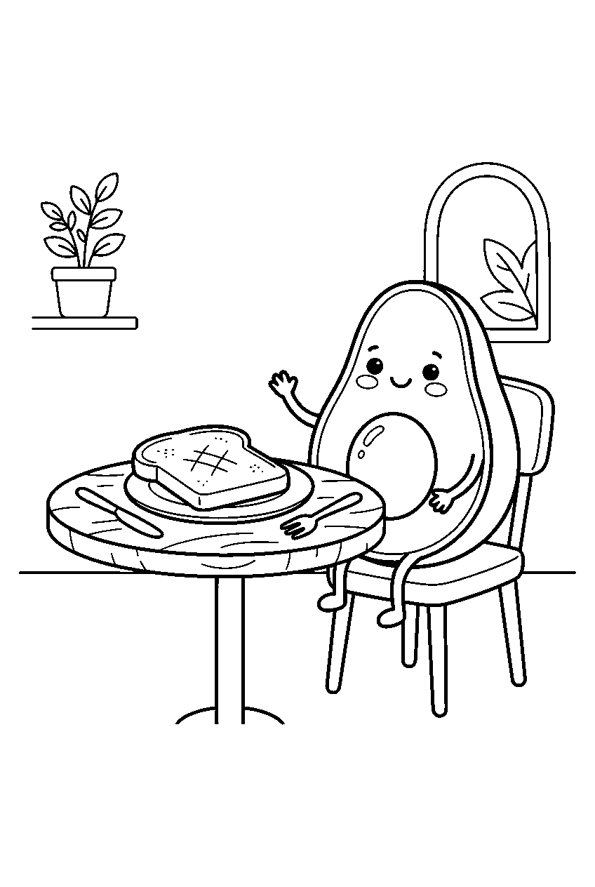 cute avocado smiling beside toast at cafe table line art