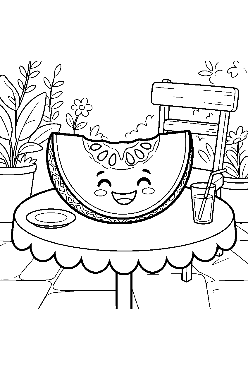 cute cantaloupe slice smiling on summer patio table line art