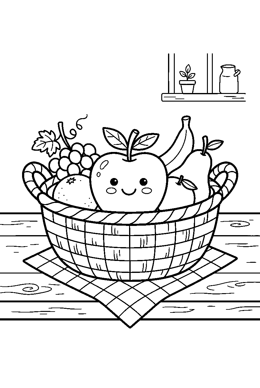 cute fruit basket with smiling apple on farmhouse kitchen table line art