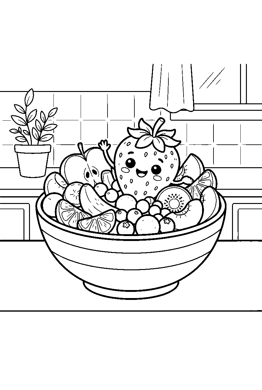 cute fruit salad with smiling strawberry in bowl at kitchen counter line art