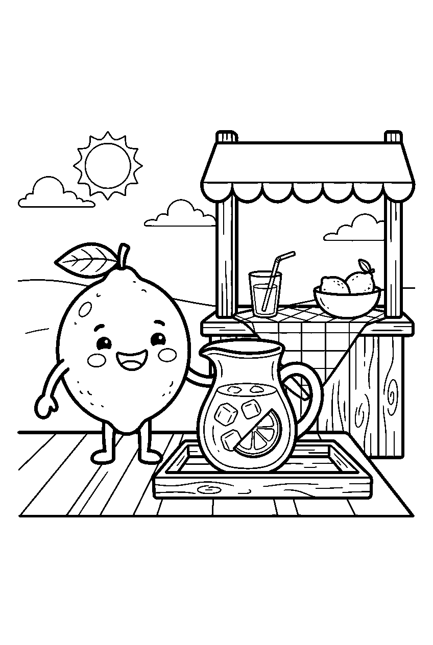 cute lime smiling beside juice pitcher at lemonade stand line art