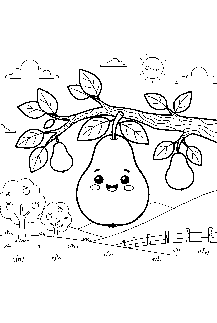 cute pear smiling while growing on tree in country orchard line art