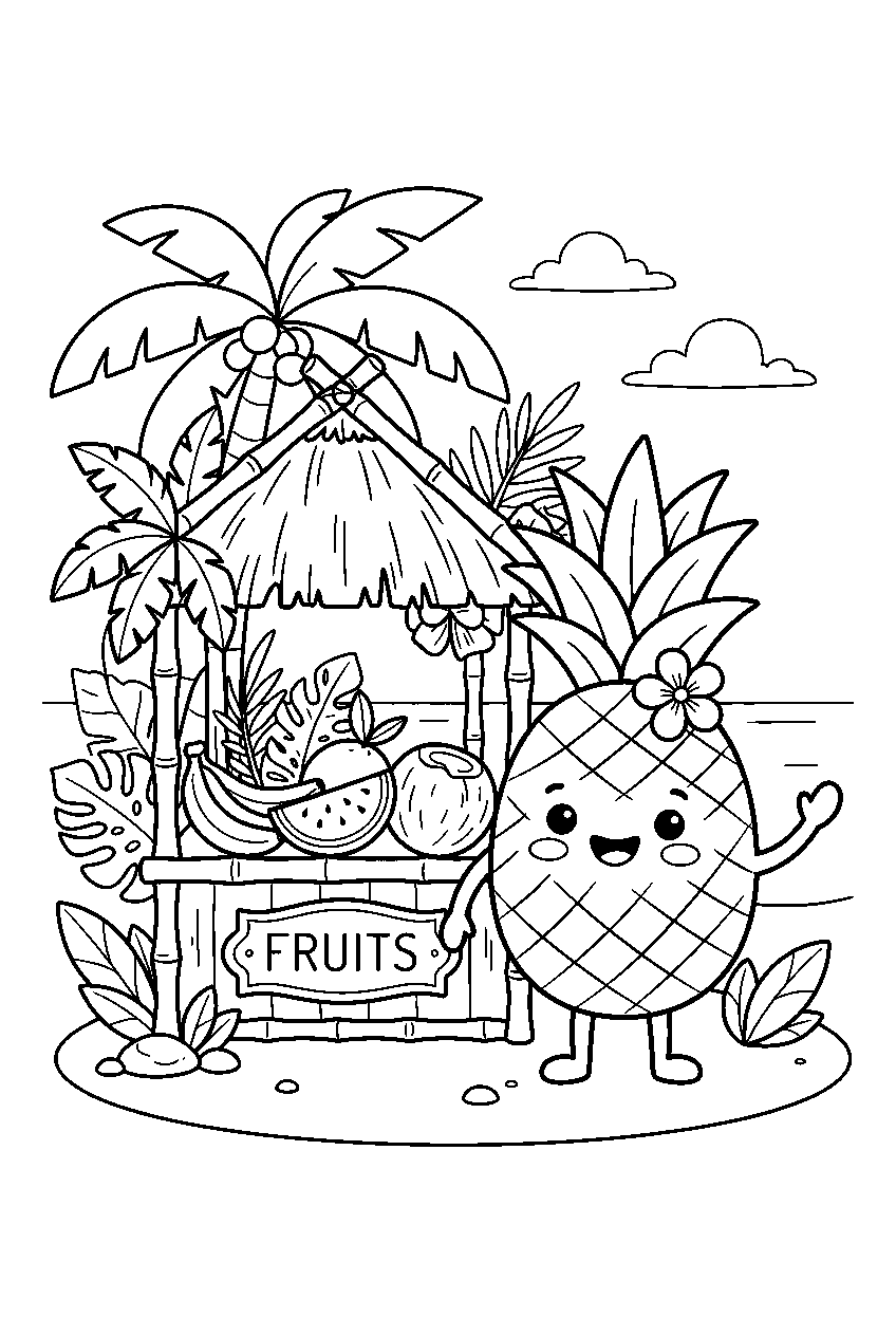cute pineapple smiling beside palm leaves at tropical fruit stand line art