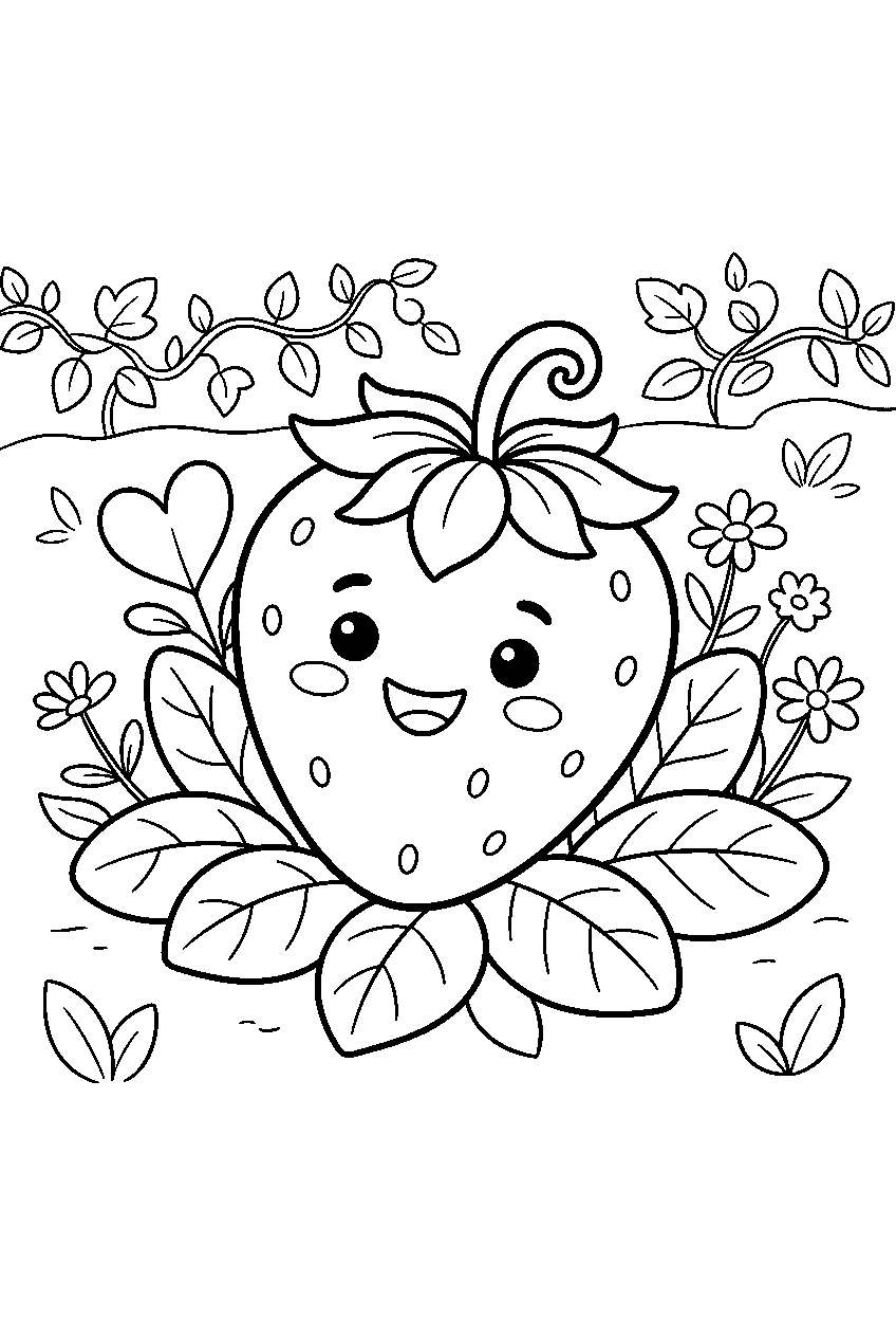 cute strawberry smiling among leaves in garden patch line art