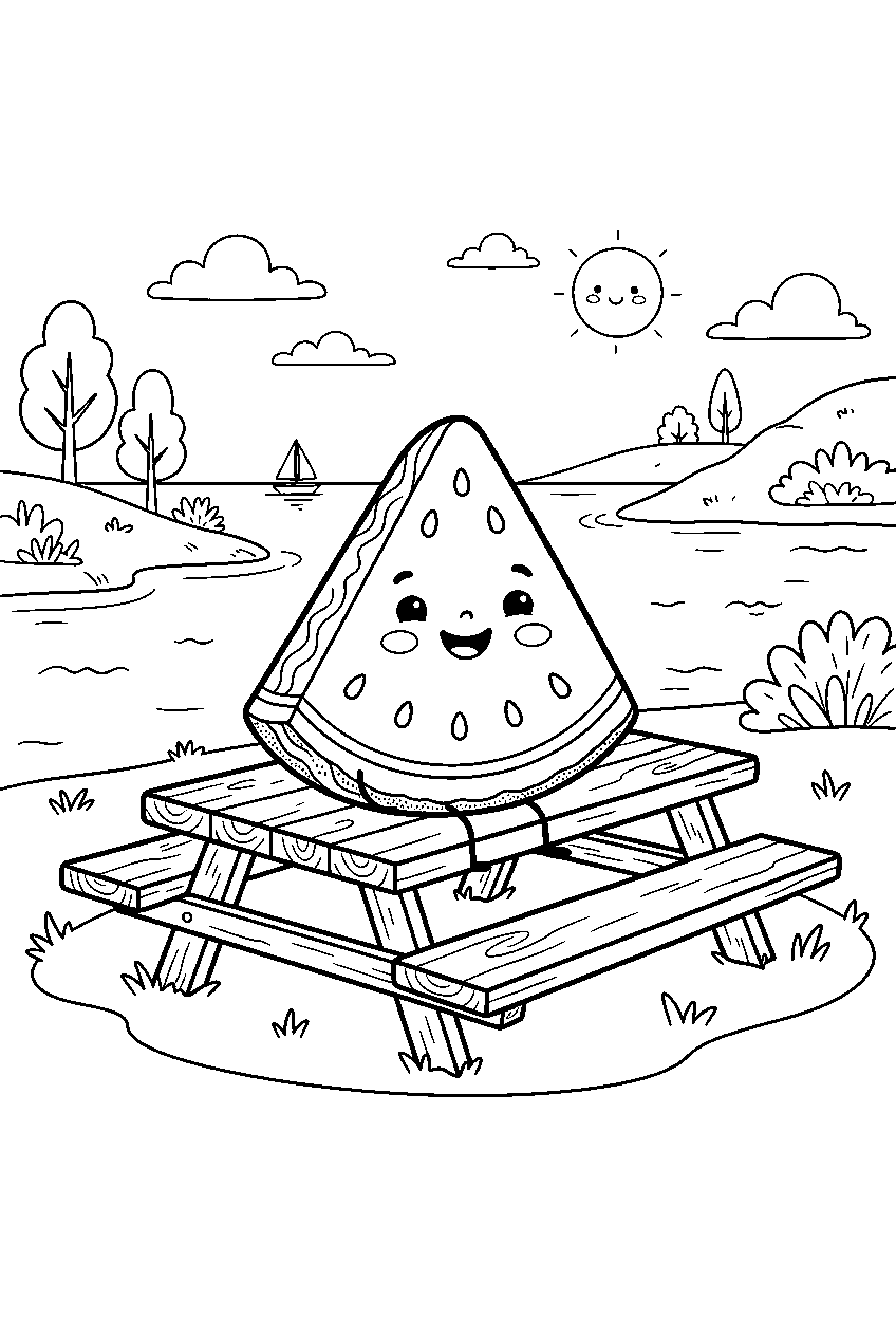 cute watermelon slice smiling on picnic table by lake line art