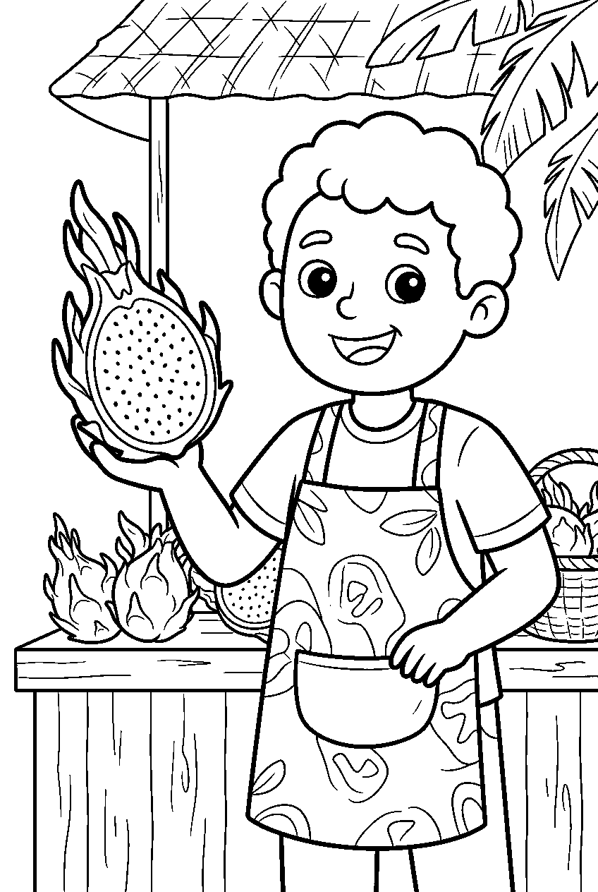 dragon fruit sliced at tropical market stall line art
