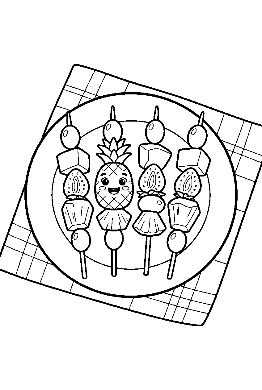 fruit skewers with one smiling pineapple piece on simple picnic plate line art