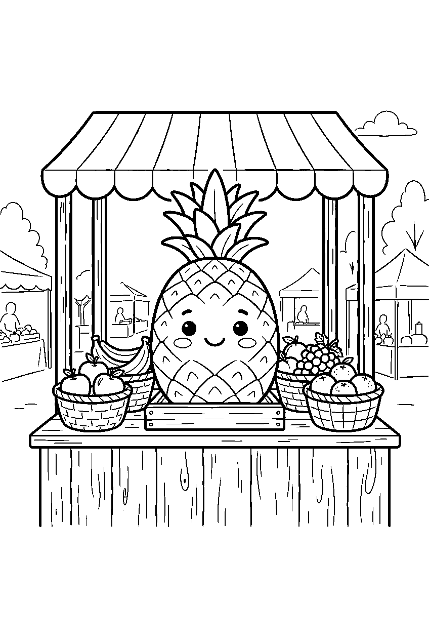 fruit stand displaying smiling pineapple at farmers market line art