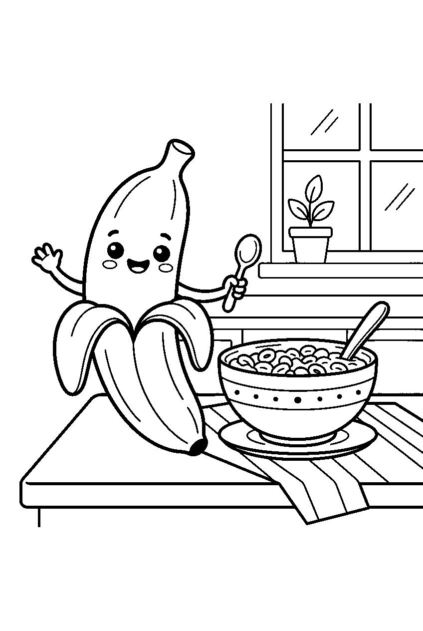 kawaii banana smiling beside cereal bowl in kitchen line art