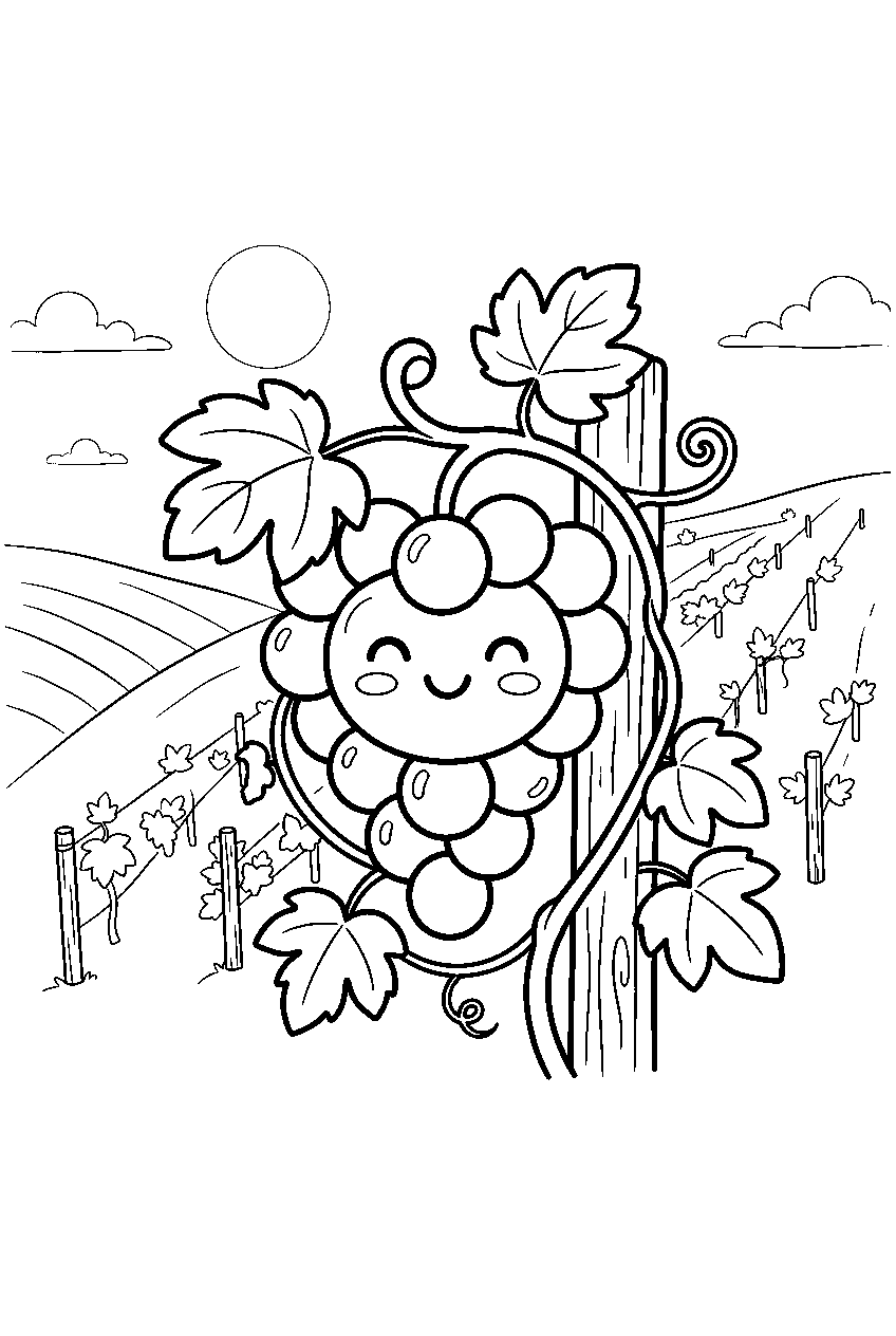 kawaii bunch of grapes smiling on vine in hillside vineyard line art