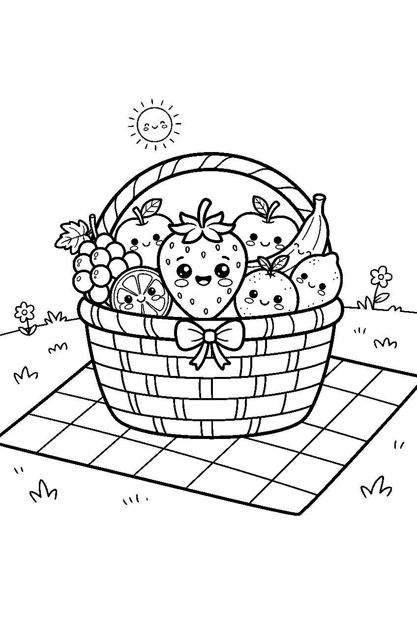kawaii fruit basket with smiling strawberry on picnic blanket line art