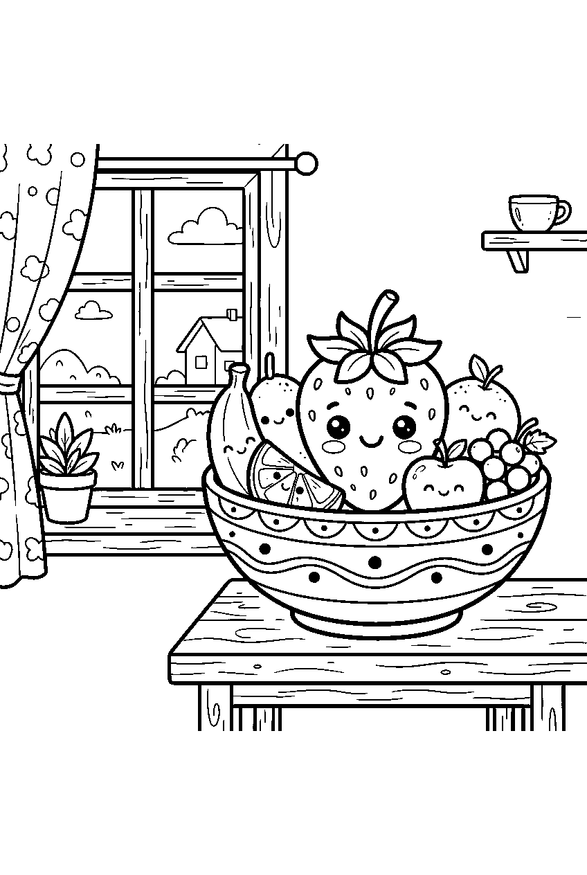 kawaii fruit bowl with smiling strawberry beside breakfast nook window line art