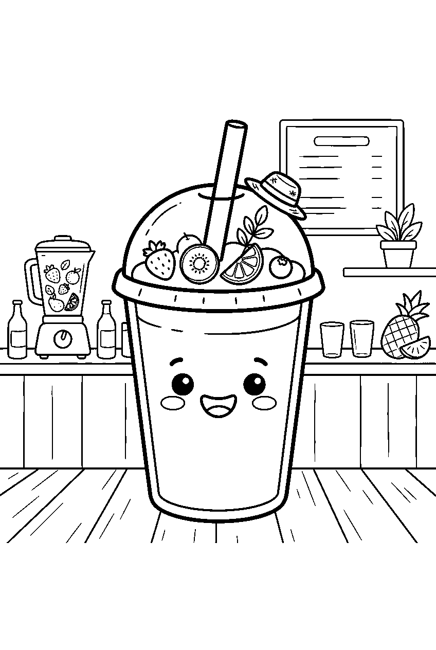 kawaii fruit smoothie smiling in large cup at simple juice bar line art