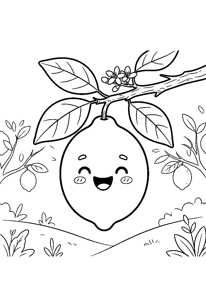 kawaii lemon smiling while hanging from branch in citrus grove line art
