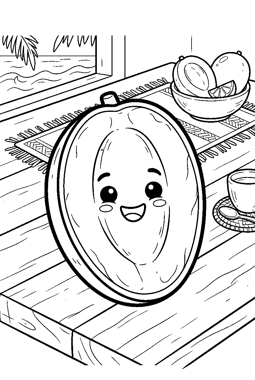 kawaii mango half smiling on tropical kitchen table line art