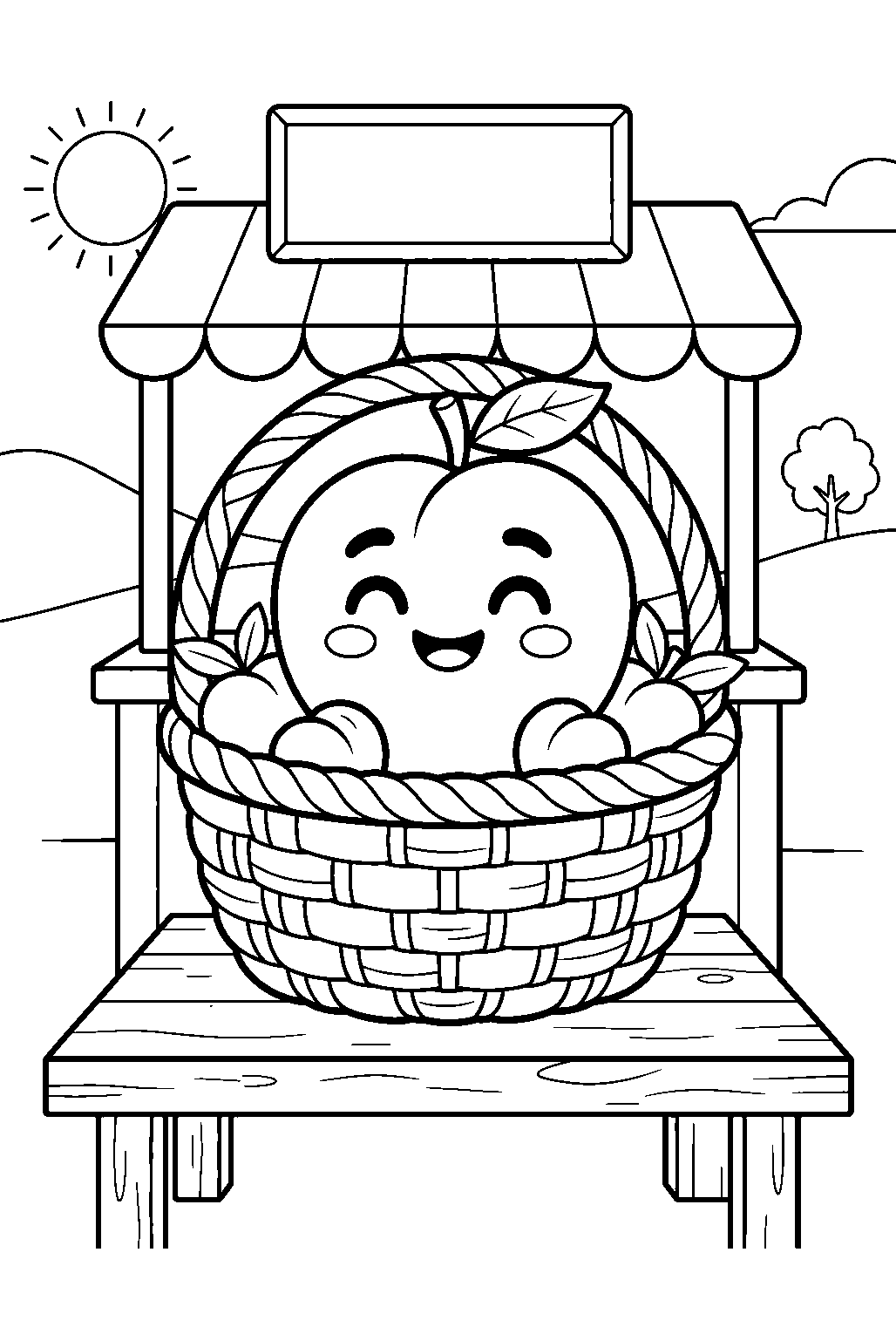 kawaii peach smiling inside basket at roadside fruit stand line art