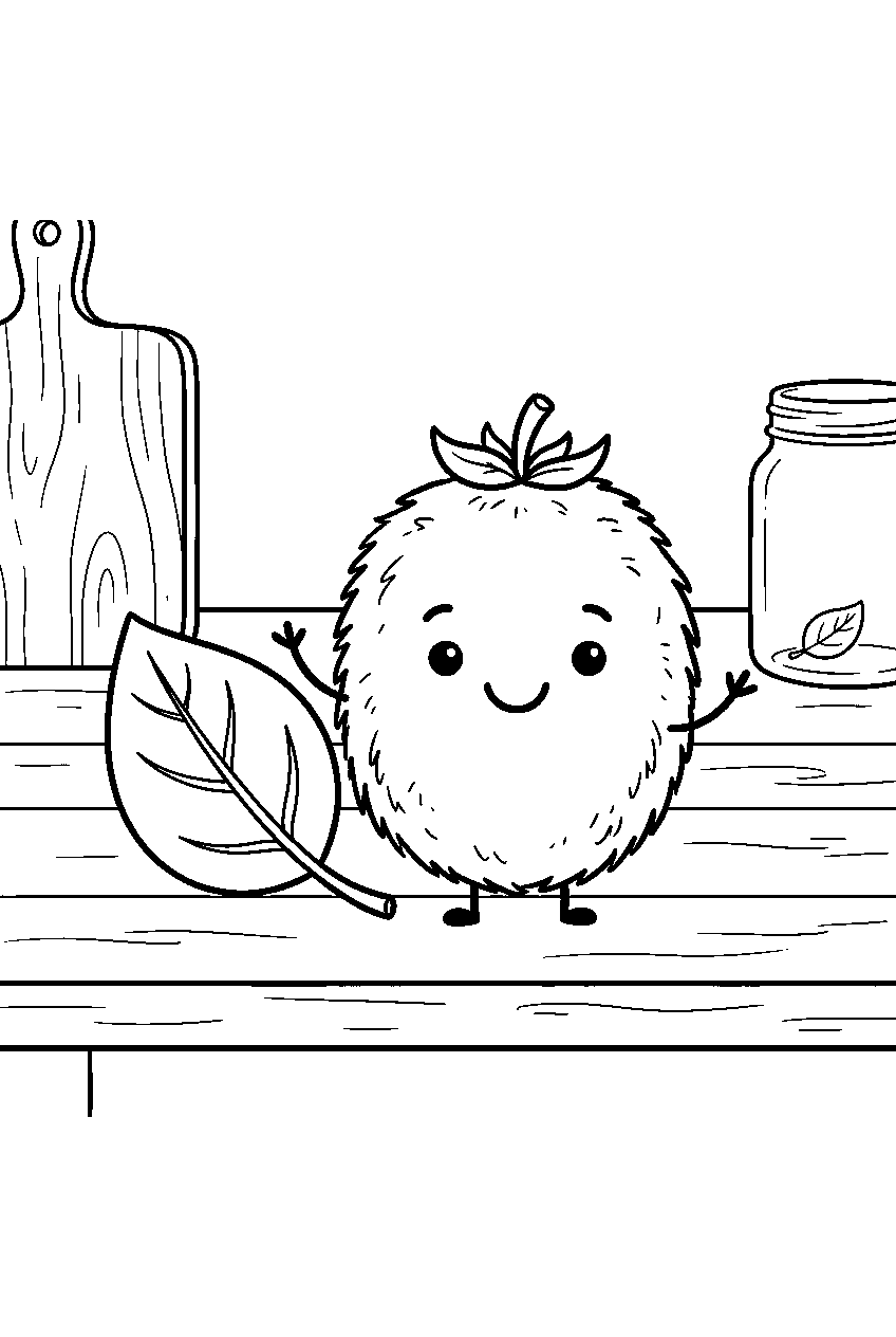 kawaii whole kiwi fruit smiling beside leaf on kitchen table line art