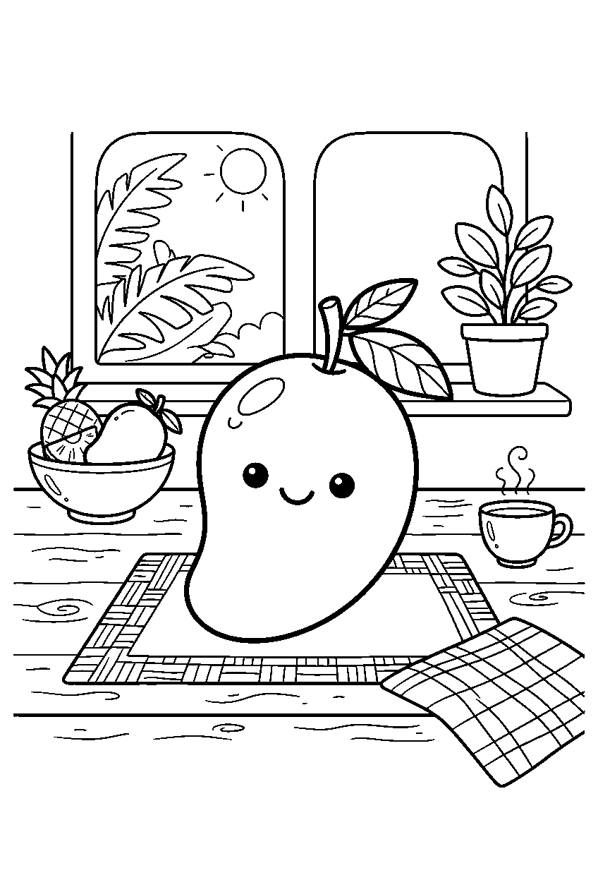 kawaii whole mango smiling on tropical kitchen table line art