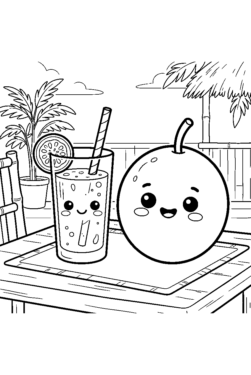 kawaii whole passion fruit smiling beside juice glass at tropical cafe line art